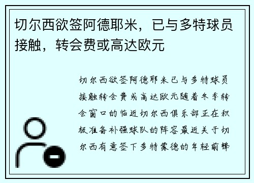 切尔西欲签阿德耶米,已与多特球员接触,转会费或高达欧元