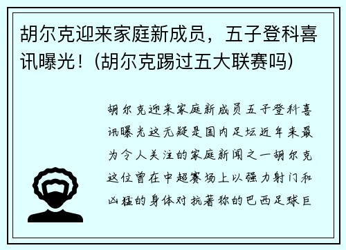 胡尔克迎来家庭新成员,五子登科喜讯曝光!(胡尔克踢过五大联赛吗)