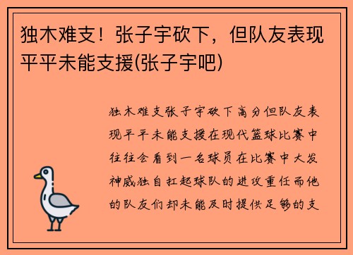 独木难支！张子宇砍下，但队友表现平平未能支援(张子宇吧)