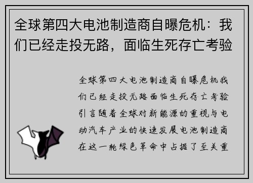 全球第四大电池制造商自曝危机：我们已经走投无路，面临生死存亡考验