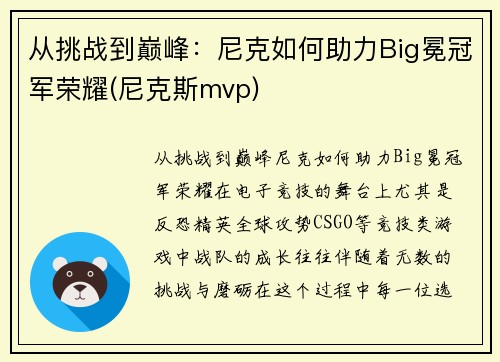 从挑战到巅峰：尼克如何助力Big冕冠军荣耀(尼克斯mvp)
