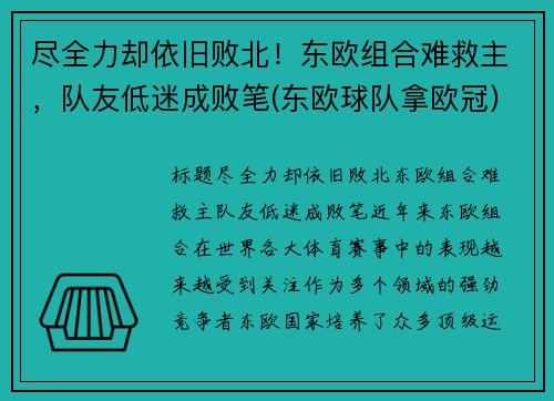 尽全力却依旧败北！东欧组合难救主，队友低迷成败笔(东欧球队拿欧冠)