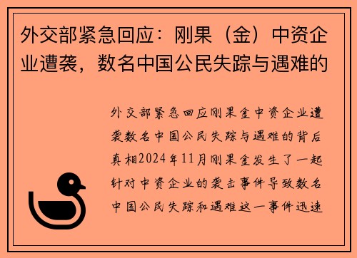外交部紧急回应：刚果（金）中资企业遭袭，数名中国公民失踪与遇难的背后真相
